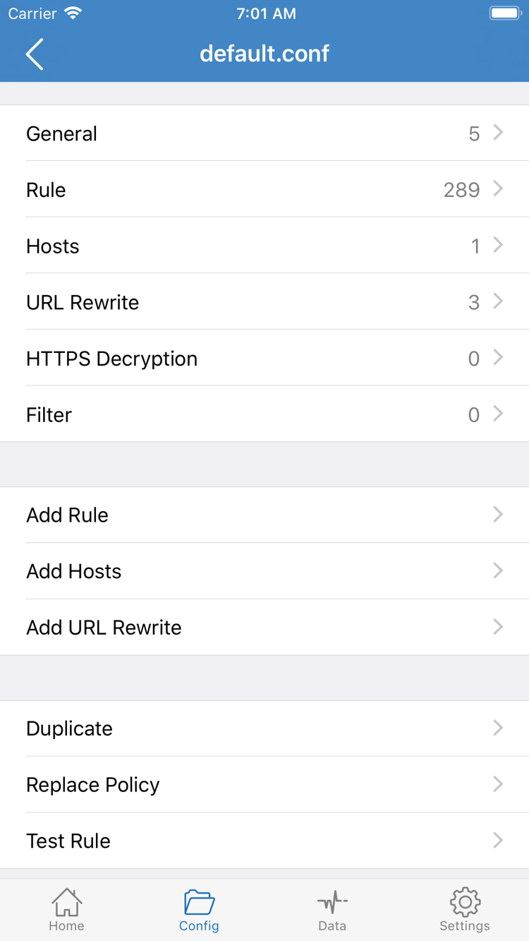 Shadowrocket configuration editor showing General, Rule, Hosts, URL Rewrite, and HTTPS Decryption sections and the Add Rule option