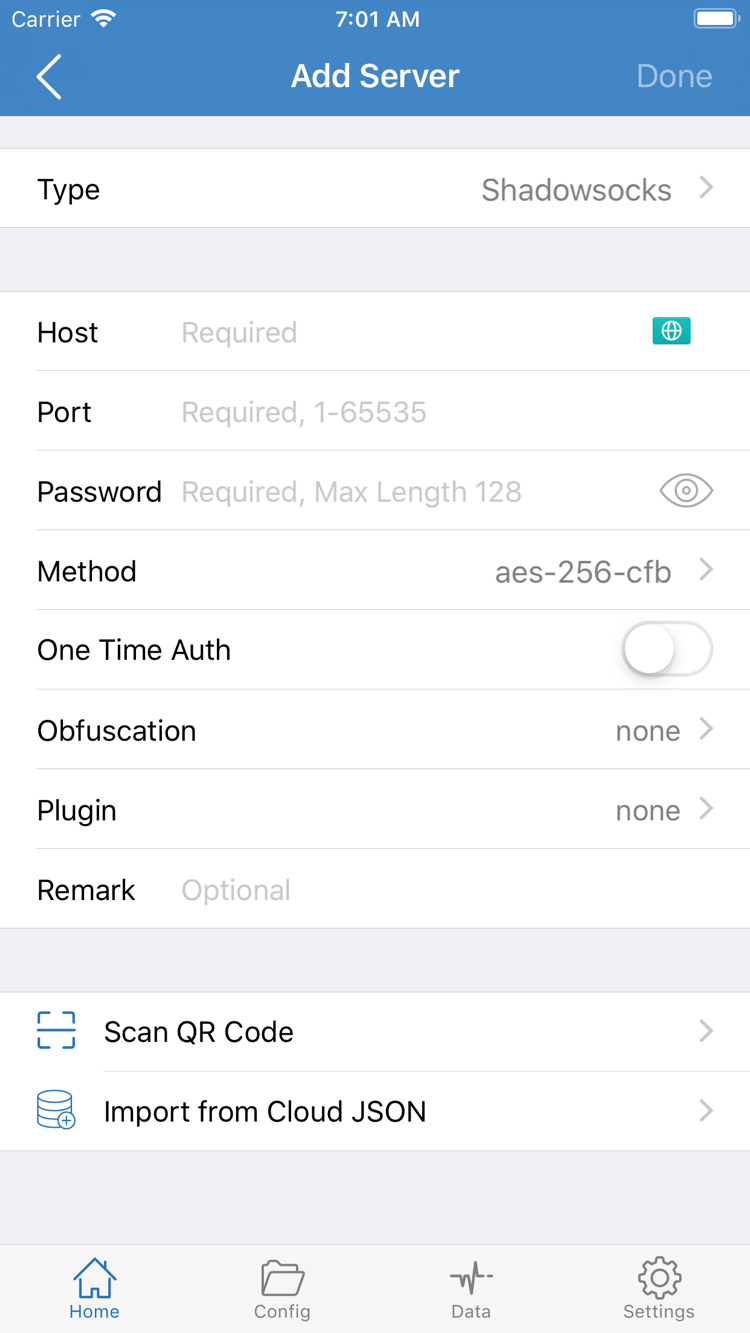 Shadowrocket Add Server screen with Type, Host, Port, Password, and Method fields, plus QR code scanning and Cloud JSON import options