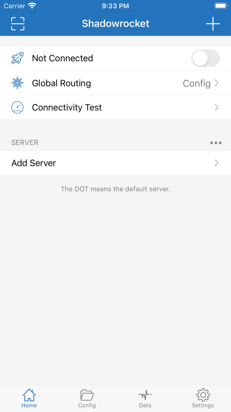 Shadowrocket Home screen with the Not Connected switch at the top, followed by Global Routing, Connectivity Test, SERVER groups, and Add Server
