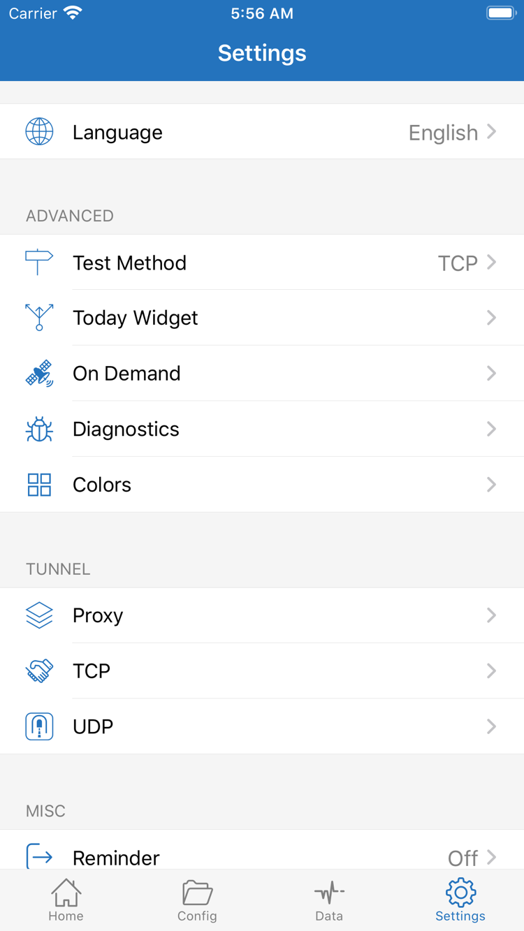 Shadowrocket Settings screen with Language, Test Method, Today Widget, On Demand, Diagnostics, Proxy, TCP, and UDP options